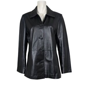 Juliet Michelle Women's Genuine Leather Button Front Blazer Coat Black Large